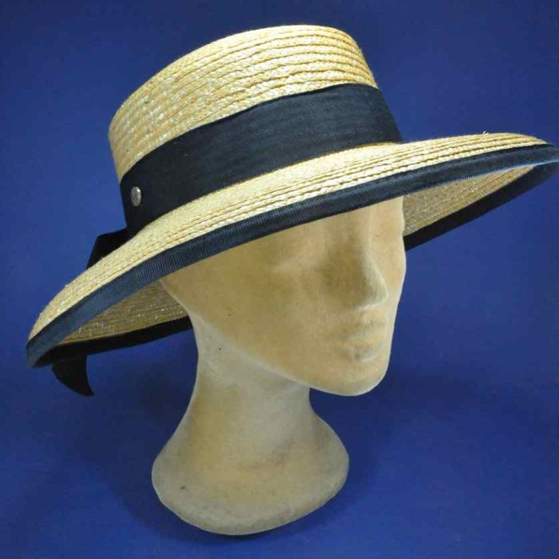 Chapeau femme, en paille, type capeline relevée, marine, T 56