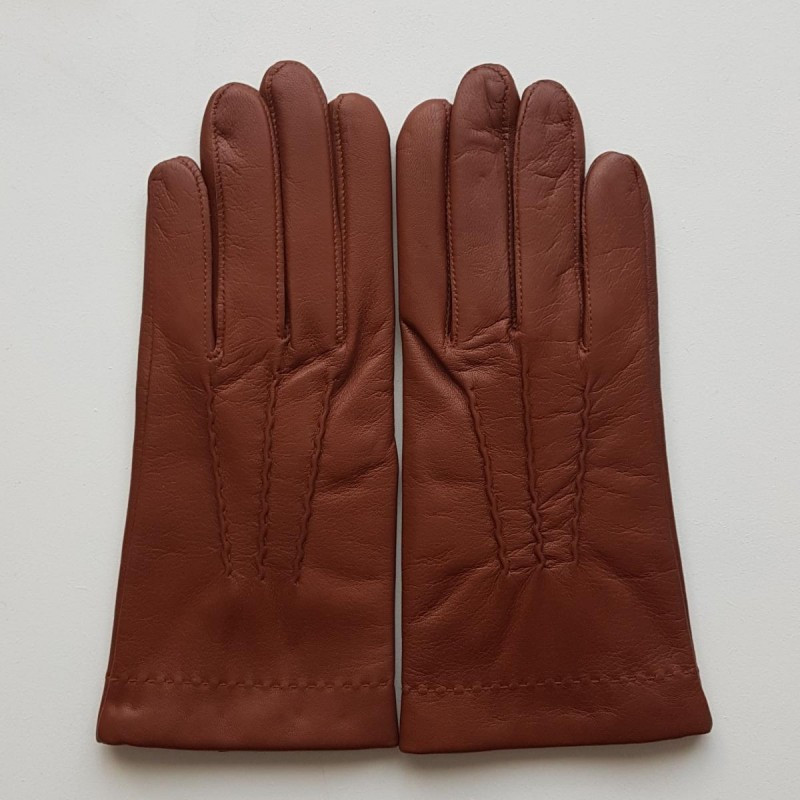 Gants longs en cuir avec doublure soie et fronces au poignet