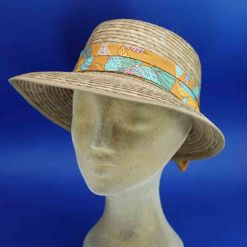 Casquette paille cousue de palmier longue visière foulard assorti
